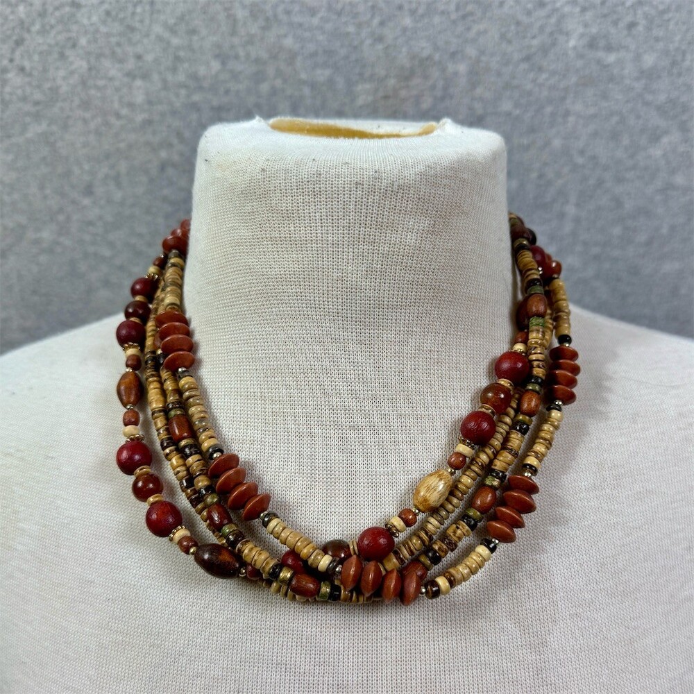 Vintage Wooden Bead Necklace Boho Multi-Strand Adjustable Hook